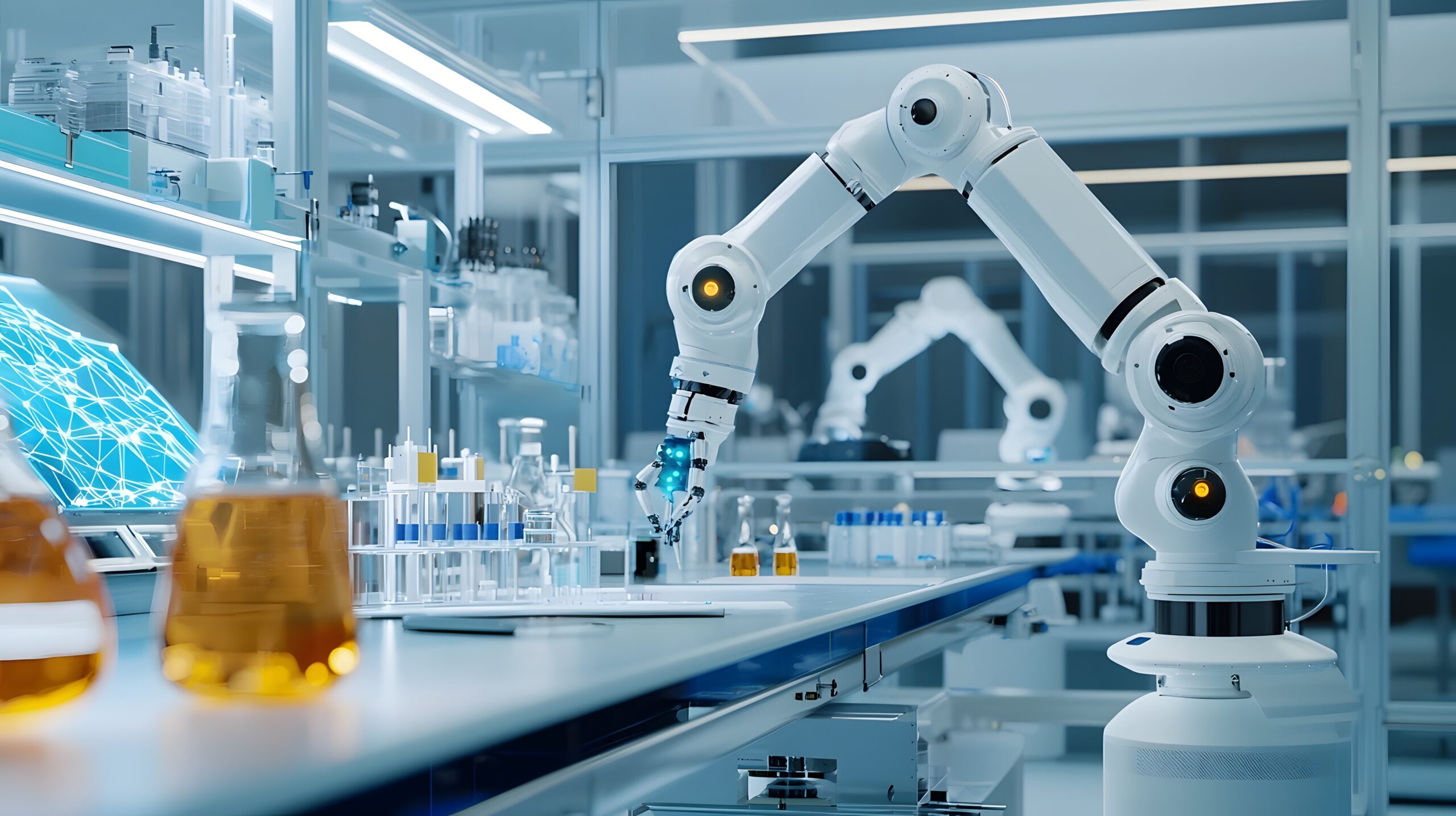 Advanced robotic arms precisely carrying out experiments and analyses in a modern well equipped research laboratory urologist laboratory machine